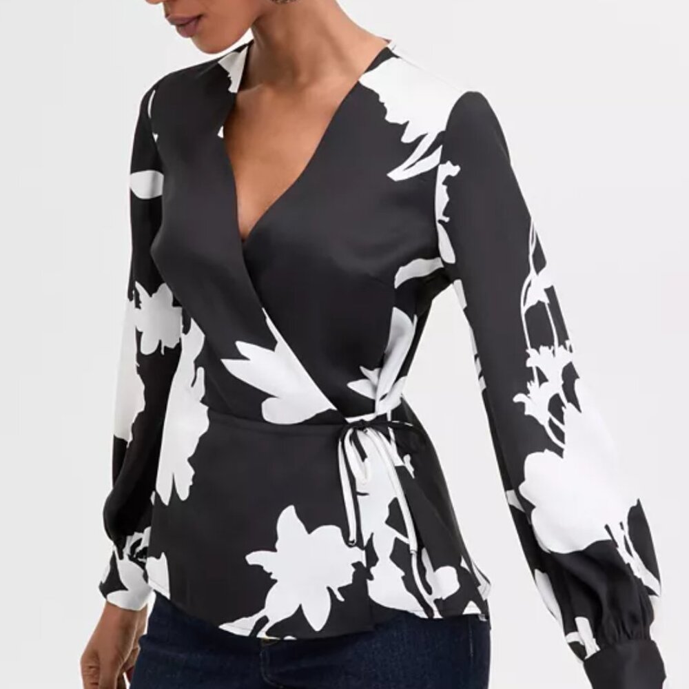 INC International Concepts Women's Printed Peplum Top in black and white. Size S
